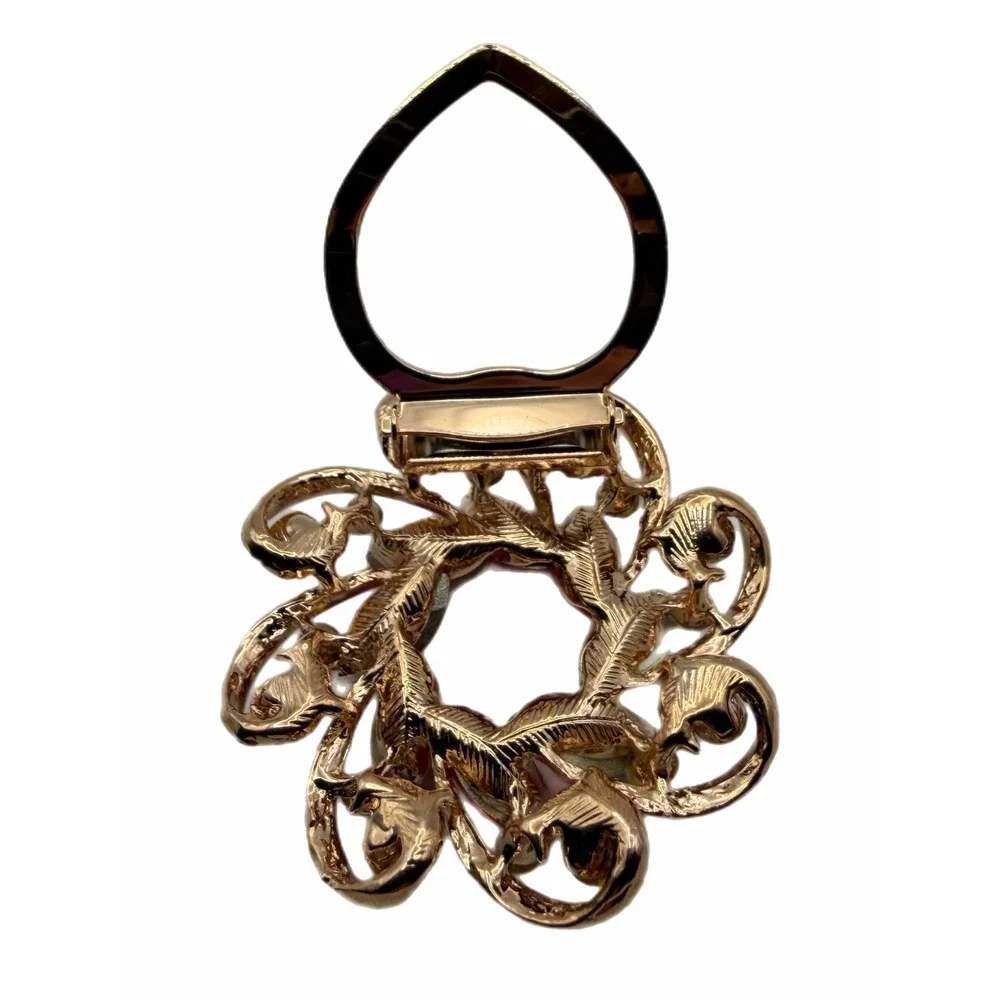 Gold Tone Pink Rhinestone Wreath Scarf Clip Crystal Floral Accessory